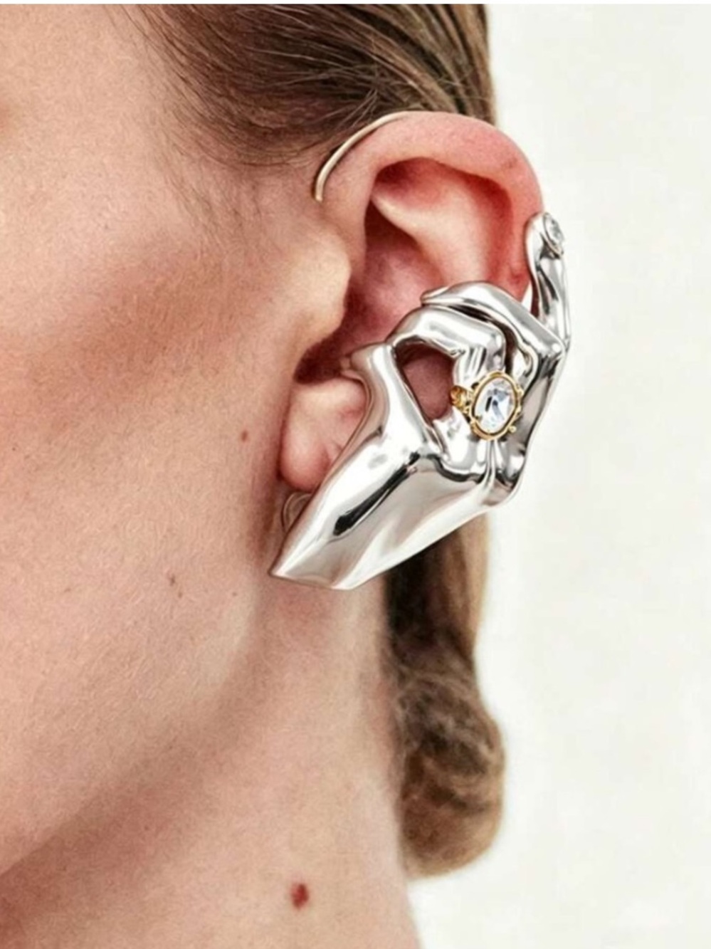 Anthropologie Silver Hand-Shaped Ear Cuff with Gold & Clear Accent
